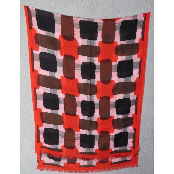 Kate Spade Red Black Geometric Casual Silk Rectangle Scarf Shawl Fringed XLarge - Picture 5 of 6